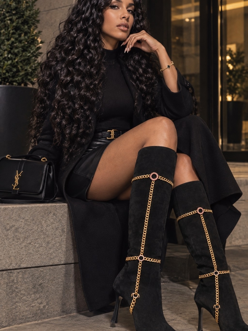 NEW Black Chain Detail Over-the-Knee Heeled Boots Y2K Era
